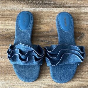 Larroudé Ivy Denim Ruffle Slide Sandals